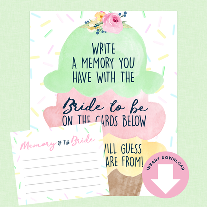 Ice Cream Memory for The Bride Sign & Cards (Digital Download)