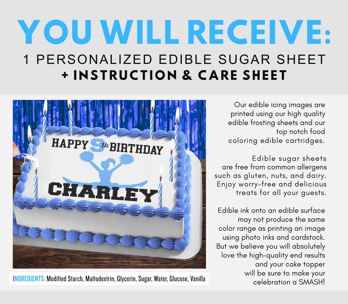 Cheerleading Birthday Edible Cake Topper Frosting Sheet | Blue | 4 Styles Available