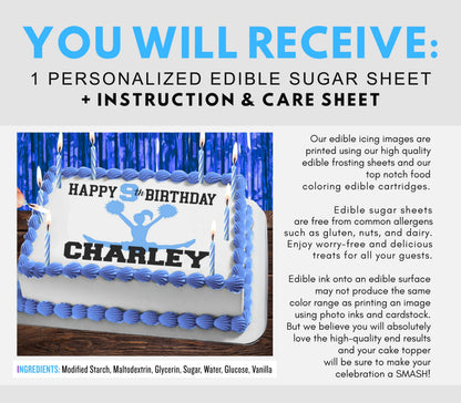 Cheerleading Birthday Edible Cake Topper Frosting Sheet | Blue | 4 Styles Available