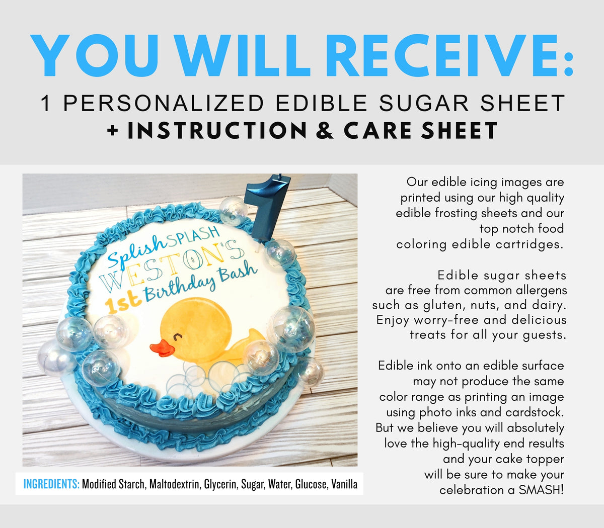 Promotional graphic for a personalized edible sugar sheet. The top text reads 'YOU WILL RECEIVE: 1 PERSONALIZED EDIBLE SUGAR SHEET + INSTRUCTION & CARE INSTRUCTIONS' in blue and black.