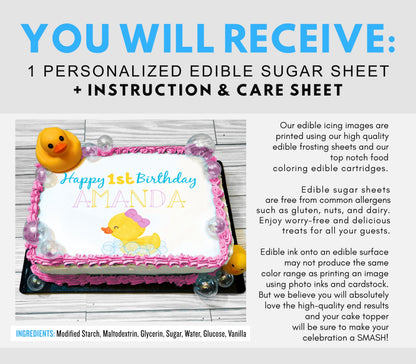 Girl Rubber Duck 1st Birthday Edible Cake Topper Frosting Sheet | 4 Styles Available