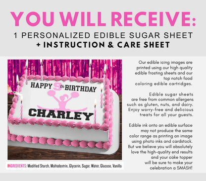 Promotional graphic for a personalized edible sugar sheet and instruction sheet. The top text reads 'YOU WILL RECEIVE: 1 PERSONALIZED EDIBLE SUGAR SHEET + INSTRUCTION & CARE SHEET' in pink and black on a light gray background.