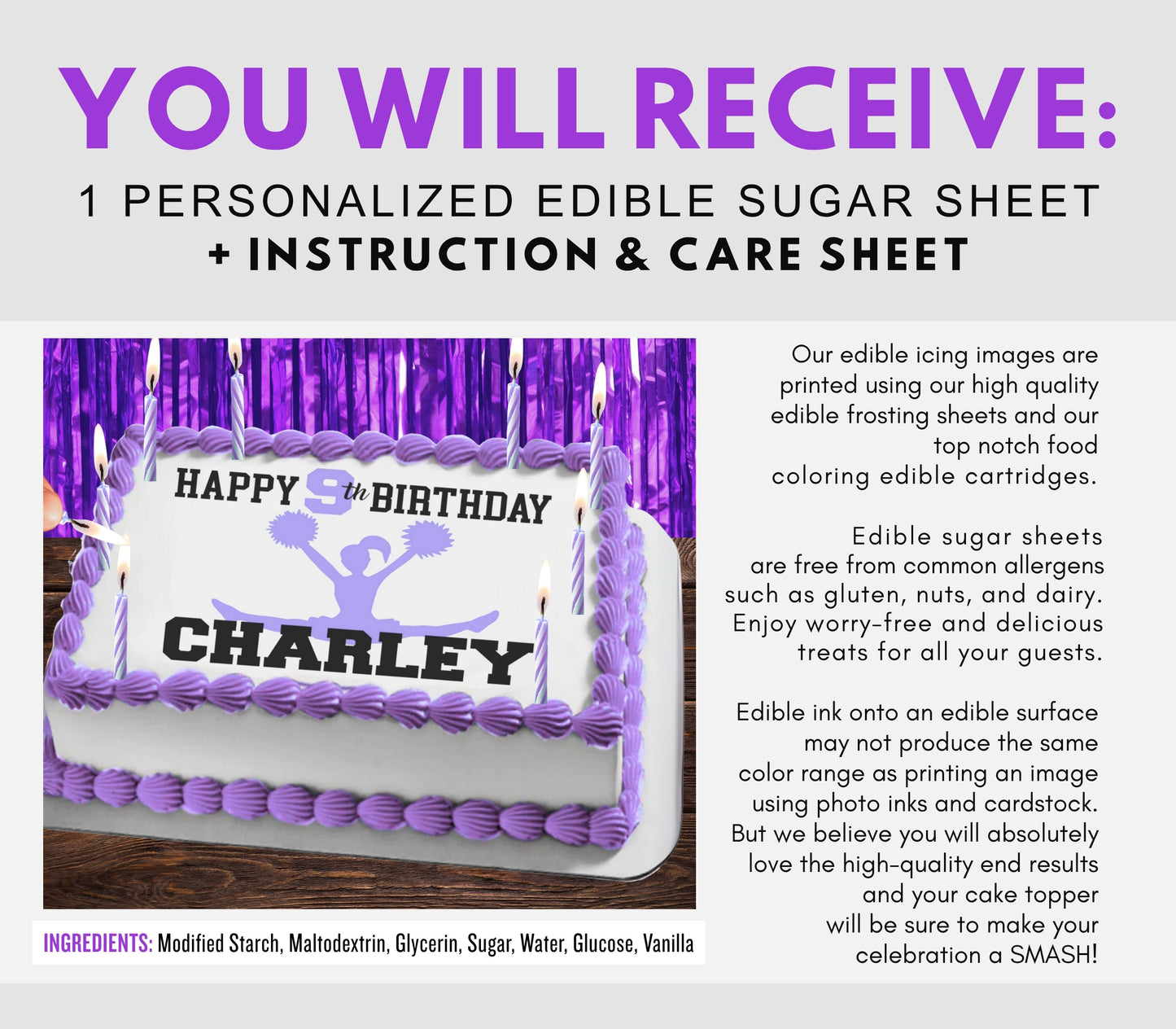 Cheerleading Birthday Edible Cake Topper Frosting Sheet | Purple | 4 Styles Available
