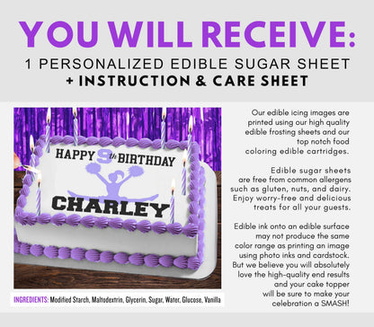 Cheerleading Birthday Edible Cake Topper Frosting Sheet | Purple | 4 Styles Available