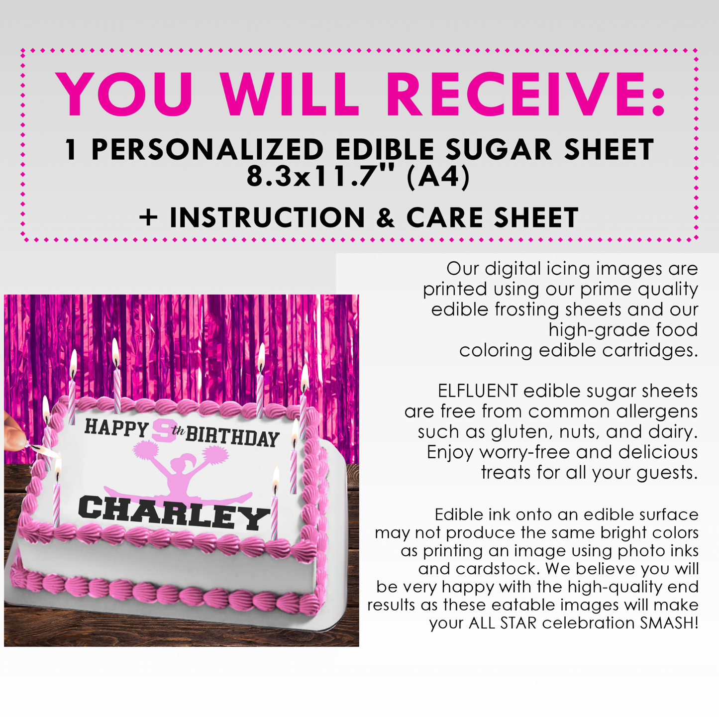 Cheerleading Birthday Edible Cake Topper Sugar Sheet | Pink | 4 Styles Available