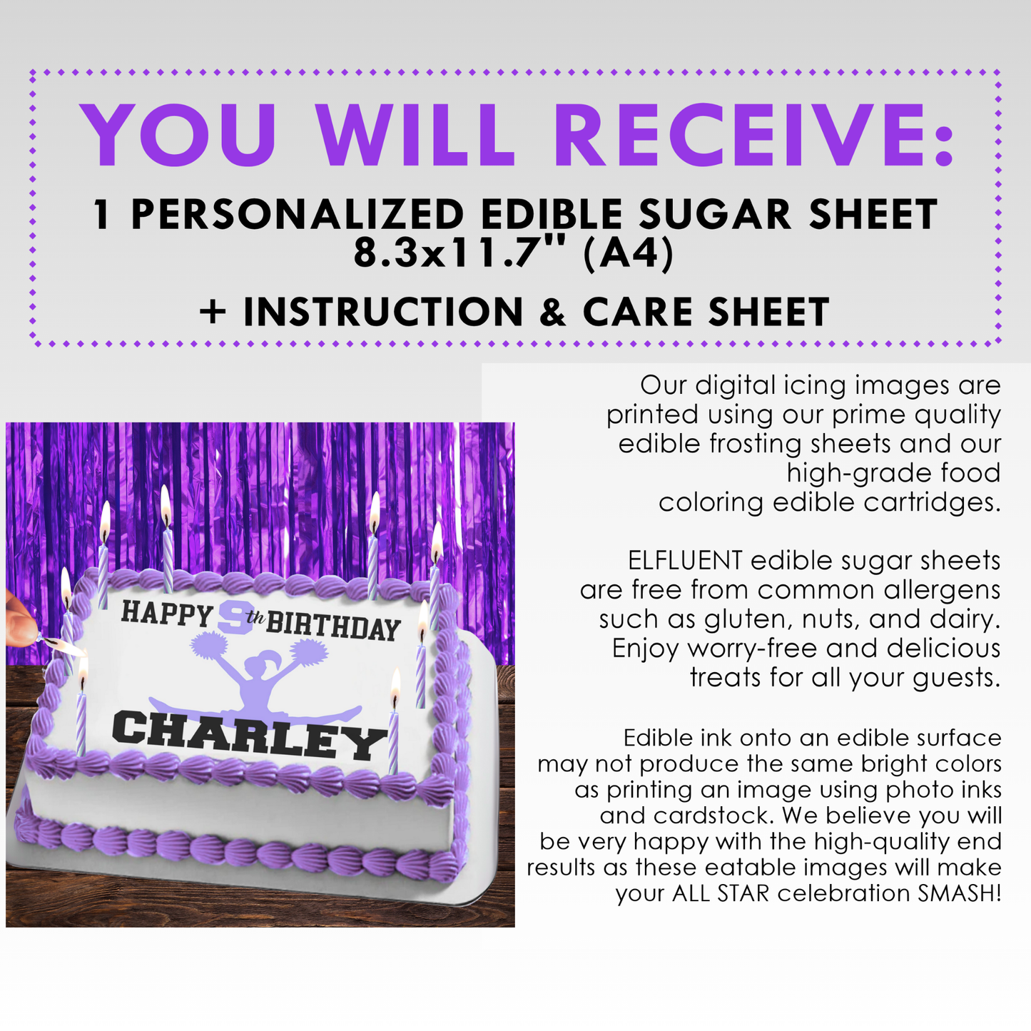Cheerleading Birthday Edible Cake Topper Sugar Sheet | Purple | 4 Styles Available