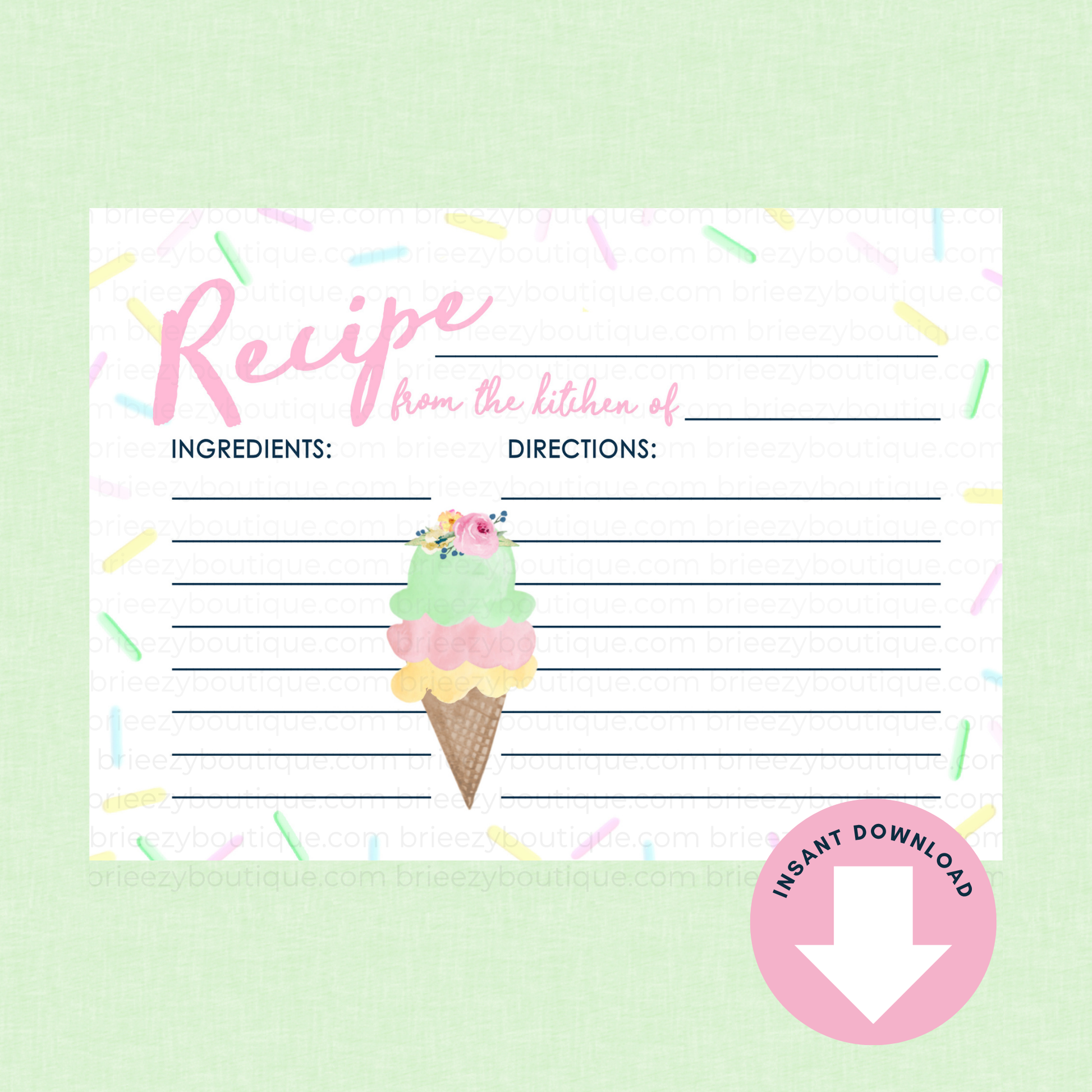 Recipe card with ice cream cone design on a light green background
