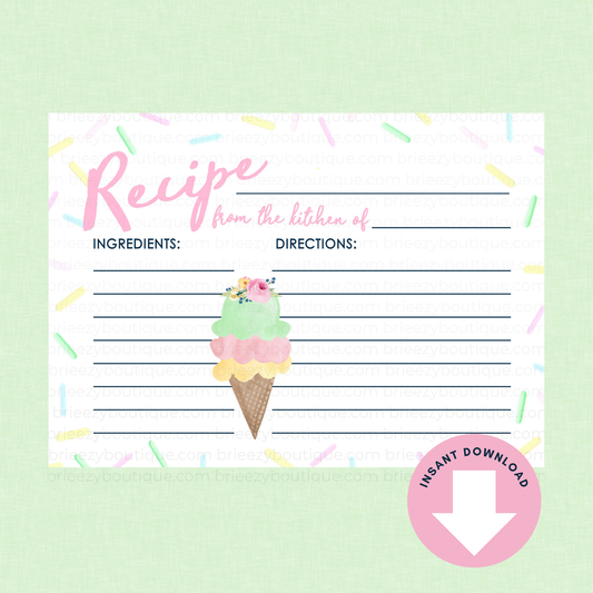Recipe card with ice cream cone design on a light green background