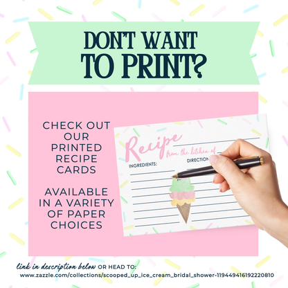 Promotional graphic for printed recipe cards with a hand holding a pen over a card featuring an ice cream cone illustration.