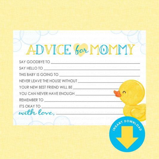 Rubber Duck Advice for Mommy Fill in the Blank Baby Shower Cards (Digital Download)