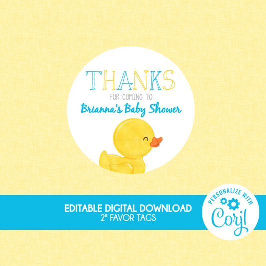 Rubber Duck Baby Shower 2'' Round Favor Tags (Editable Digital Download)