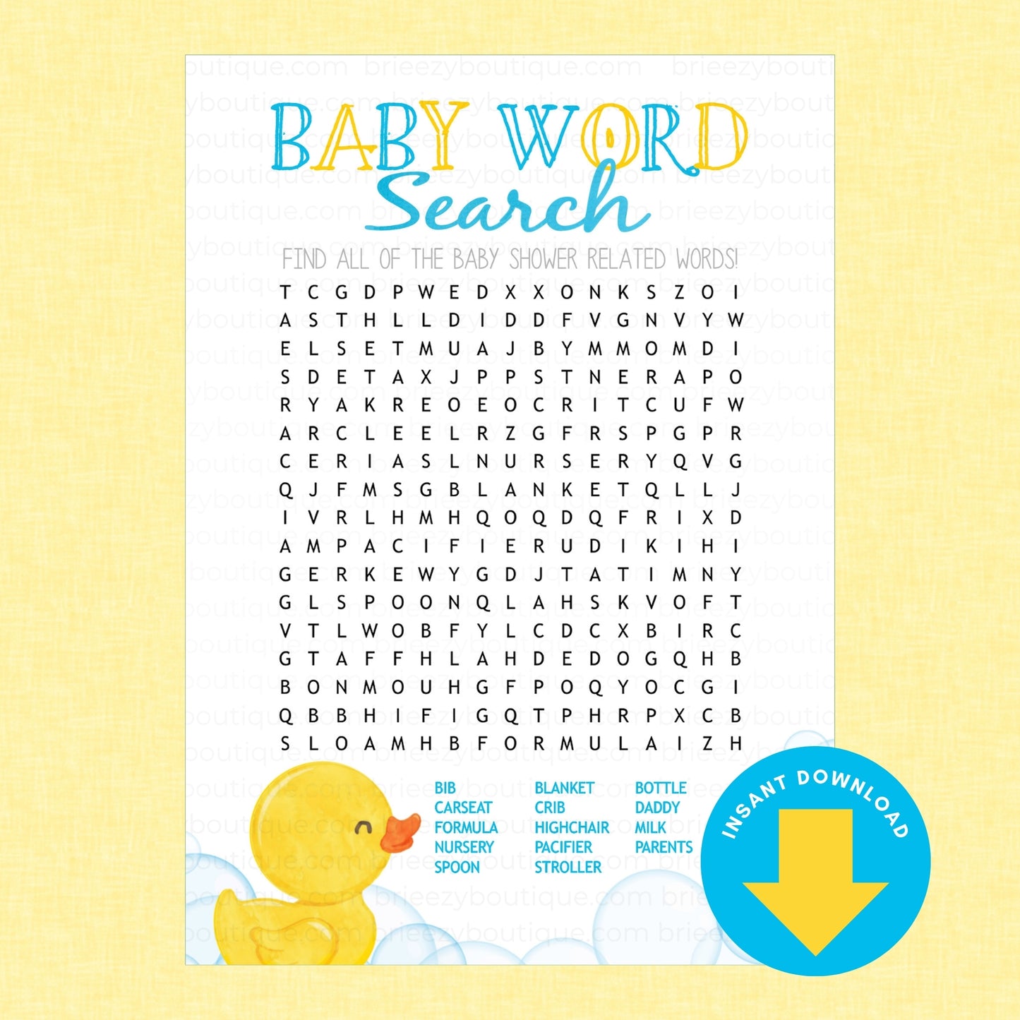Baby word search printable sheet with a yellow rubber duck illustration, a word bank list, and a blue 'Instant Download' badge on a pale yellow background.