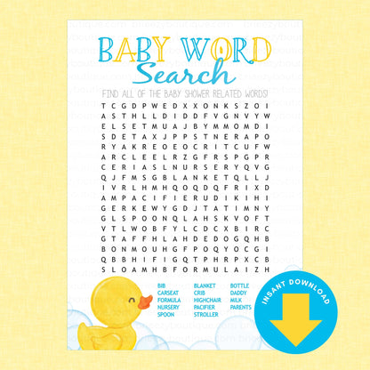 Baby word search printable sheet with a yellow rubber duck illustration, a word bank list, and a blue 'Instant Download' badge on a pale yellow background.