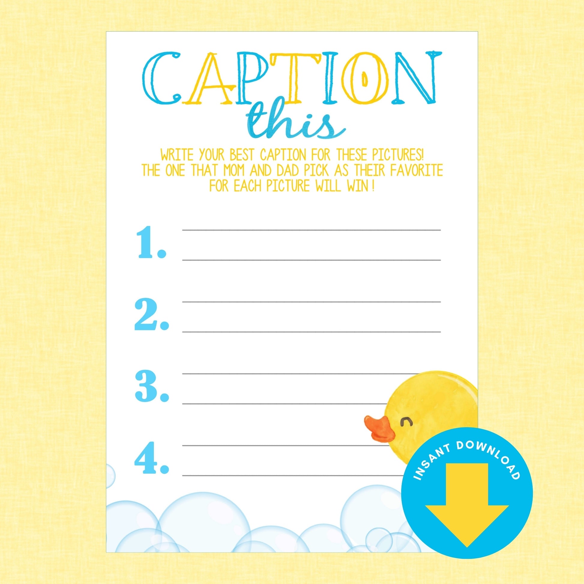 A baby shower game card titled 'CAPTION this' with four blank lines, blue and yellow text, a yellow duck illustration, and a blue 'INSTANT DOWNLOAD' badge, shown on a pale yellow textured background.