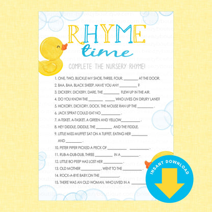 A printable nursery rhyme game sheet titled 'Rhyme time' with a yellow duck illustration, printed on a white card with pastel bubble background, shown on a pale yellow backdrop. A blue circular badge says 'Instant Download' with a yellow download icon.