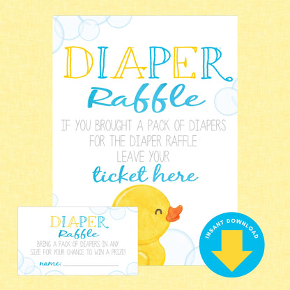 Digital preview of a baby diaper raffle ticket and matching entry card on a pale yellow background. The white ticket features colorful text reading 'DIAPER Raffle' in yellow and blue, gray placeholder text, a small yellow rubber duck illustration, and a blue circular 'Instant Download' badge.