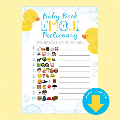 Baby Book Emoji Pictionary printable game sheet with yellow rubber duck illustrations, numbered emoji clues, and a blue 'Instant Download' badge on a pale yellow background.