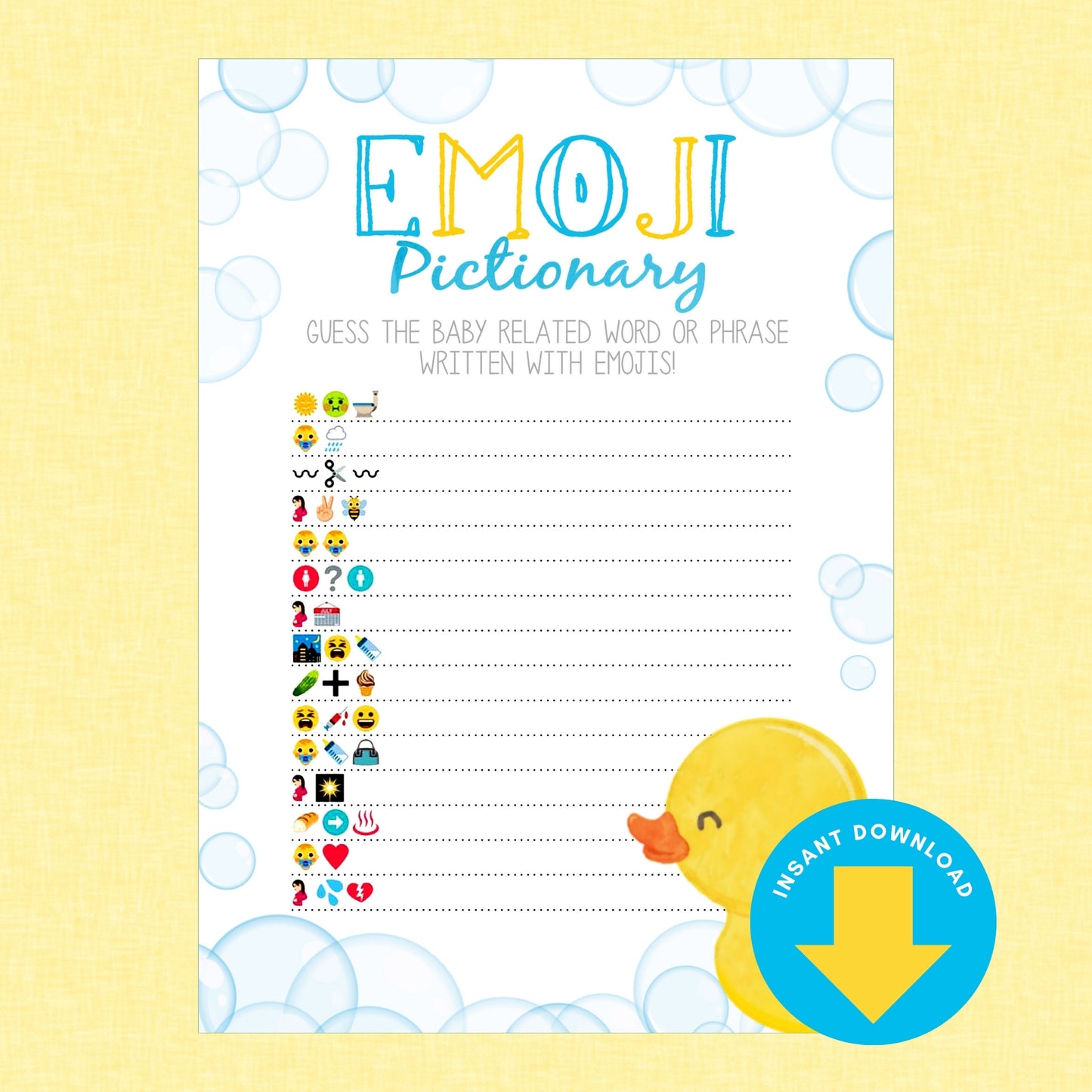 Emoji Pictionary baby shower game card featuring colorful emoji clues, a yellow rubber duck illustration, and an instant download badge on a pale yellow background.