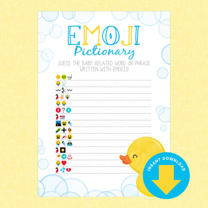 Emoji Pictionary baby shower game card featuring colorful emoji clues, a yellow rubber duck illustration, and an instant download badge on a pale yellow background.