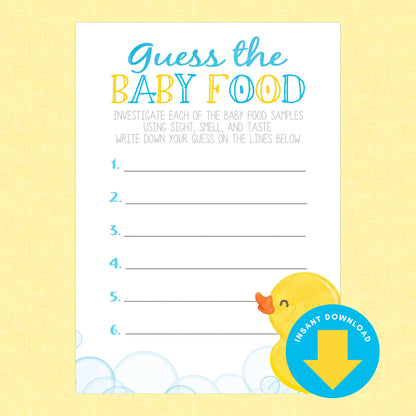 A baby shower game card titled 'Guess the BABY FOOD' with numbered lines for writing guesses, a yellow duck illustration, and a blue 'Instant Download' badge on a pale yellow background.