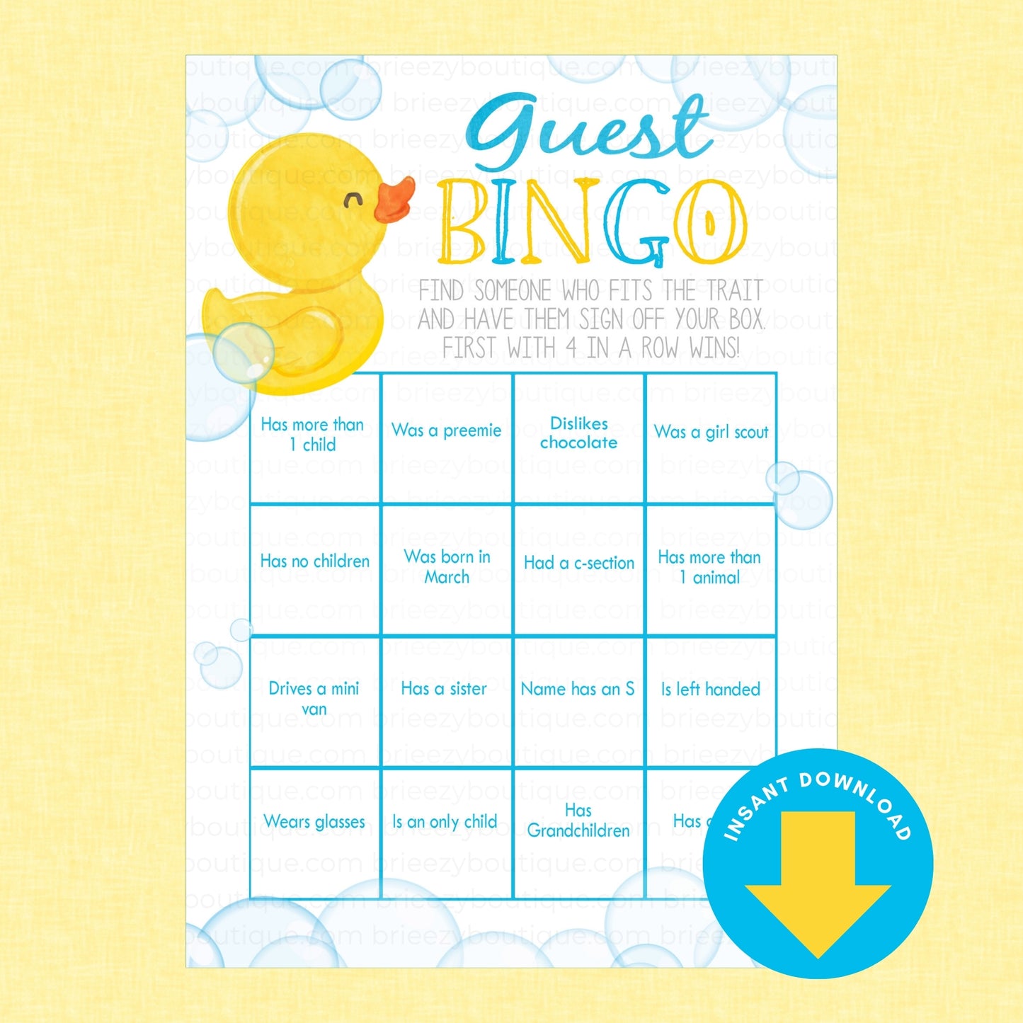 A baby shower guest bingo game card with a yellow rubber duck illustration, blue and yellow lettering, and a blue 'Instant Download' badge on a pale yellow background.