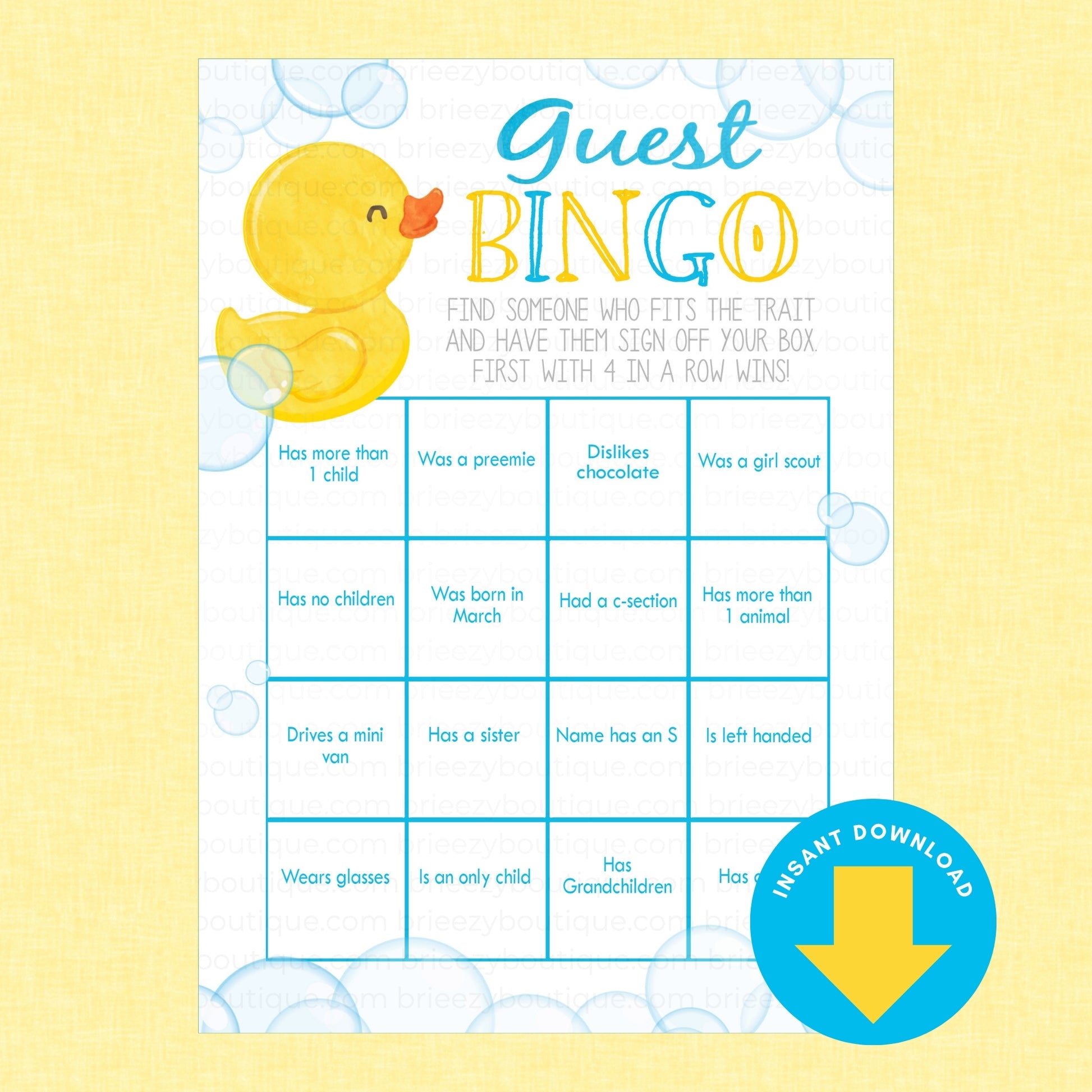 A baby shower guest bingo game card with a yellow rubber duck illustration, blue and yellow lettering, and a blue 'Instant Download' badge on a pale yellow background.