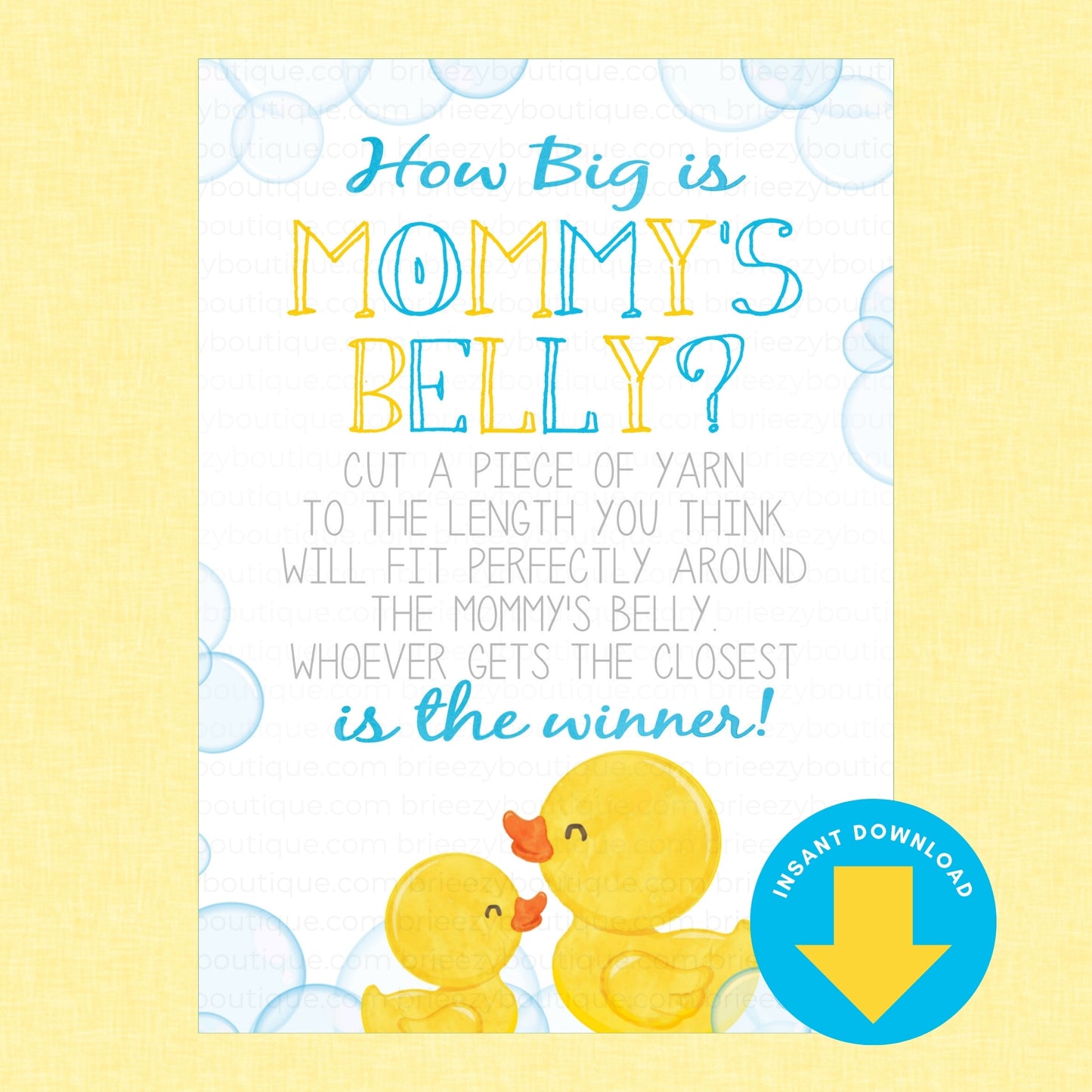 A digital party invitation template for a baby shower featuring the text 'How Big is MOMMY'S BELLY?' with a yellow and blue hand-drawn font, cartoon rubber ducks, and a blue 'INSTANT DOWNLOAD' badge on a textured pale yellow background.