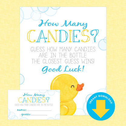 A printable baby shower game card and matching ticket for 'How Many CANDIES?'. The card features a yellow duckling illustration and a blue 'Instant Download' badge, set against a pale yellow background with subtle bubble graphics.