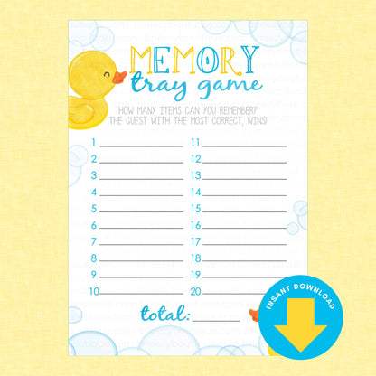 Baby shower memory tray game printable card featuring a yellow rubber duck illustration, blue bubble accents, and a blue 'Instant Download' badge on a pale yellow textured background.