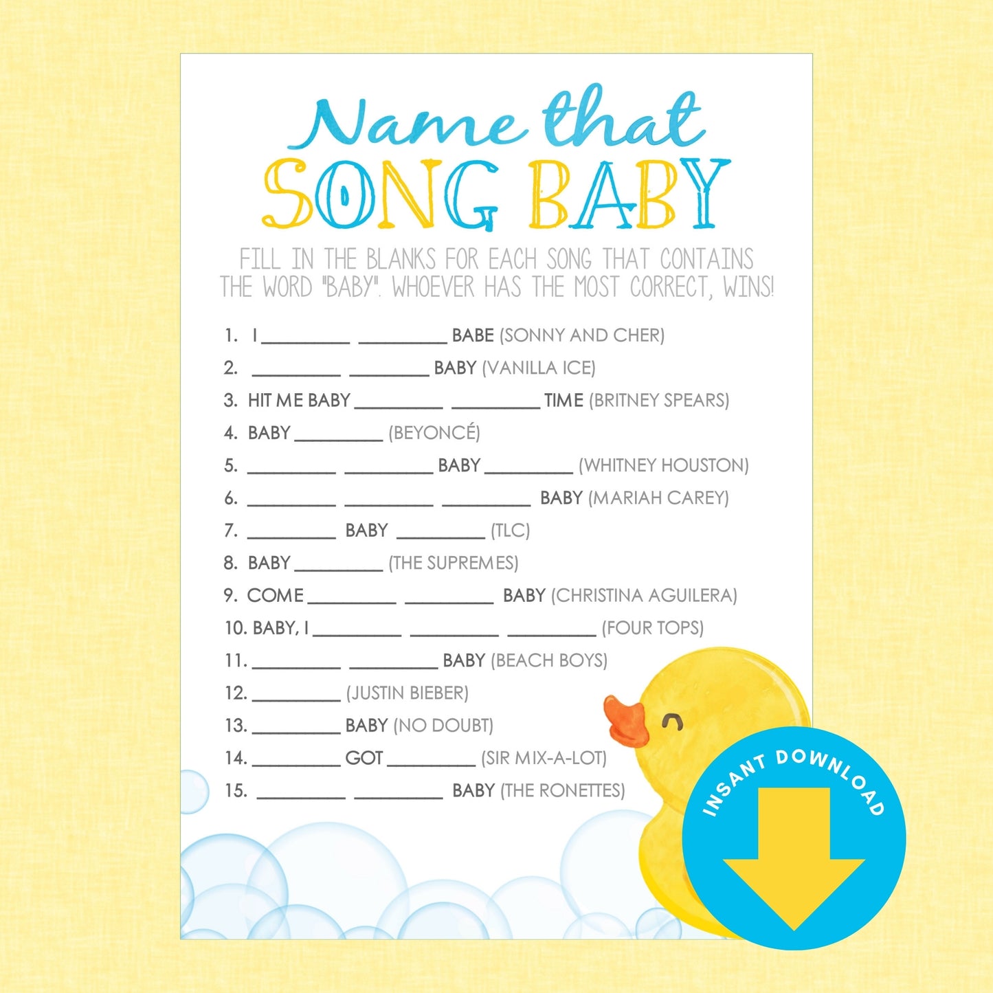 A baby shower game card titled 'Name that SONG BABY' with fill-in-the-blank song questions, shown on a pale yellow background with a blue duck and an 'Instant Download' badge.