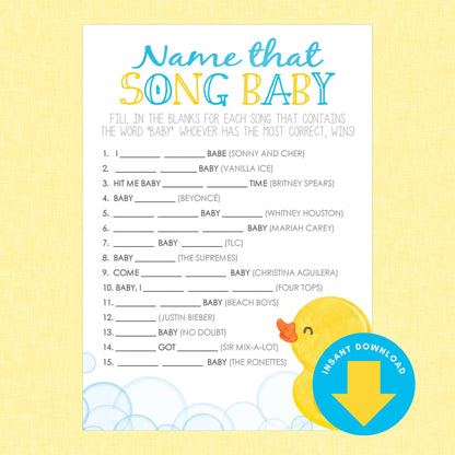 A baby shower game card titled 'Name that SONG BABY' with fill-in-the-blank song questions, shown on a pale yellow background with a blue duck and an 'Instant Download' badge.