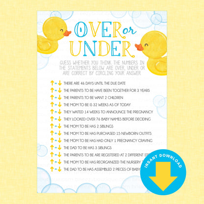 A baby shower game card titled 'OVER or UNDER' with yellow rubber duck illustrations, a list of pregnancy-related trivia questions with arrow prompts, and a blue 'INSTANT DOWNLOAD' badge on a pale yellow background.