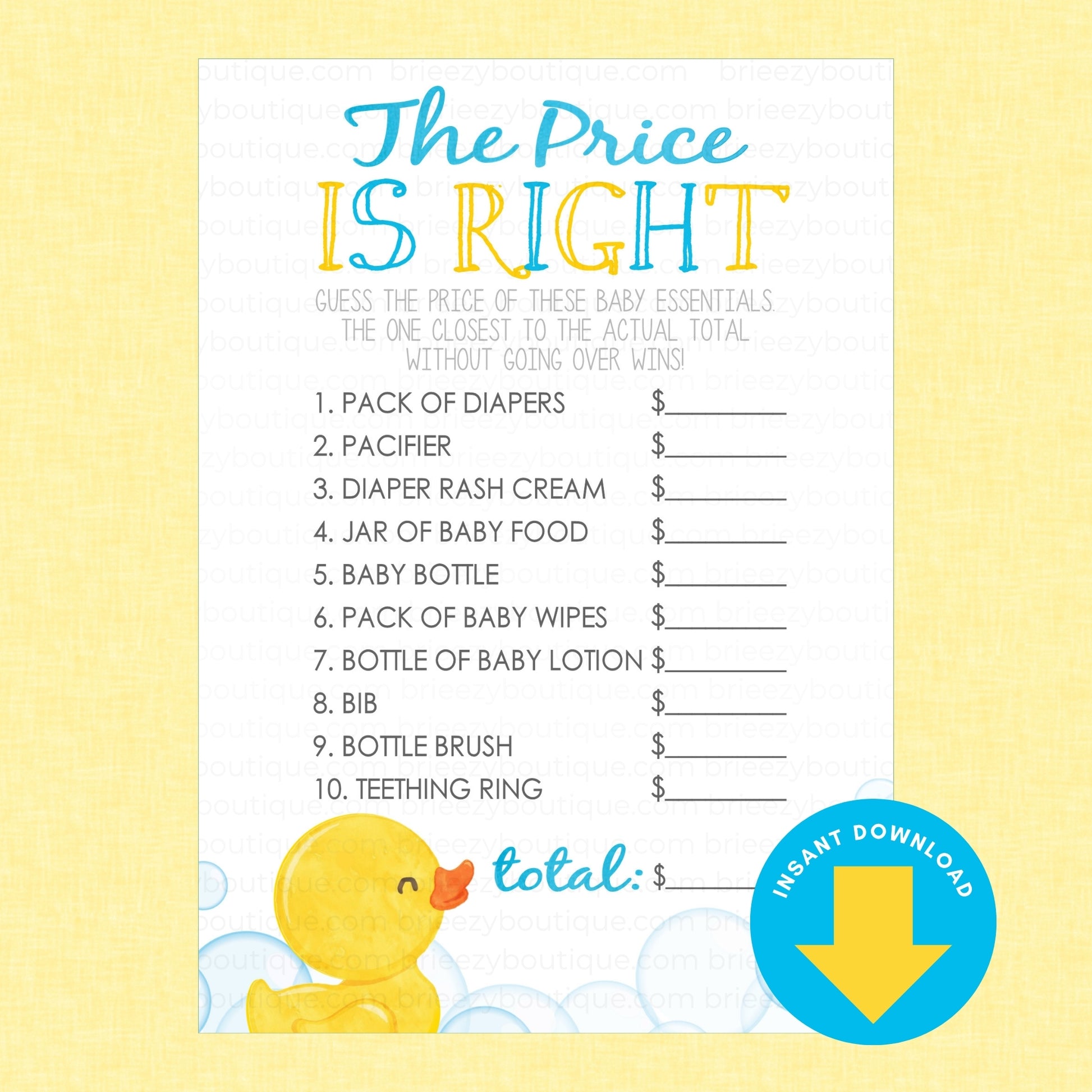 A baby shower game print titled 'The Price IS RIGHT' with a list of baby essentials and a yellow rubber duck illustration at the bottom, shown on a pale yellow background with a blue 'Instant Download' badge.