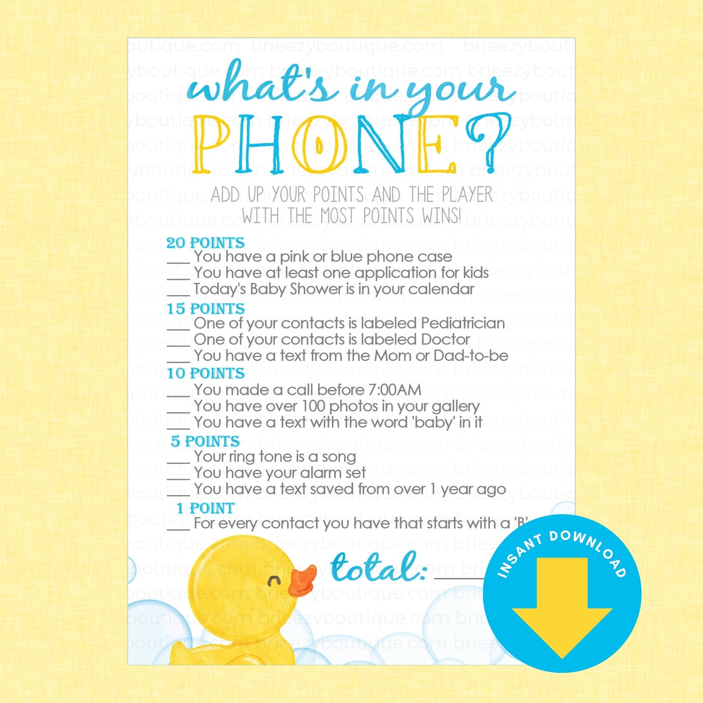 A baby shower game card titled 'what's in your PHONE?' with playful text prompts and a blue 'INSTANT DOWNLOAD' badge on a pale yellow background.
