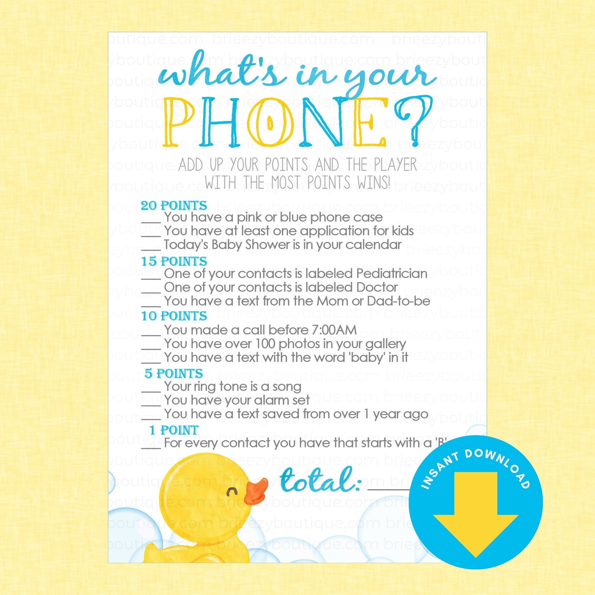 A baby shower game card titled 'what's in your PHONE?' with playful text prompts and a blue 'INSTANT DOWNLOAD' badge on a pale yellow background.