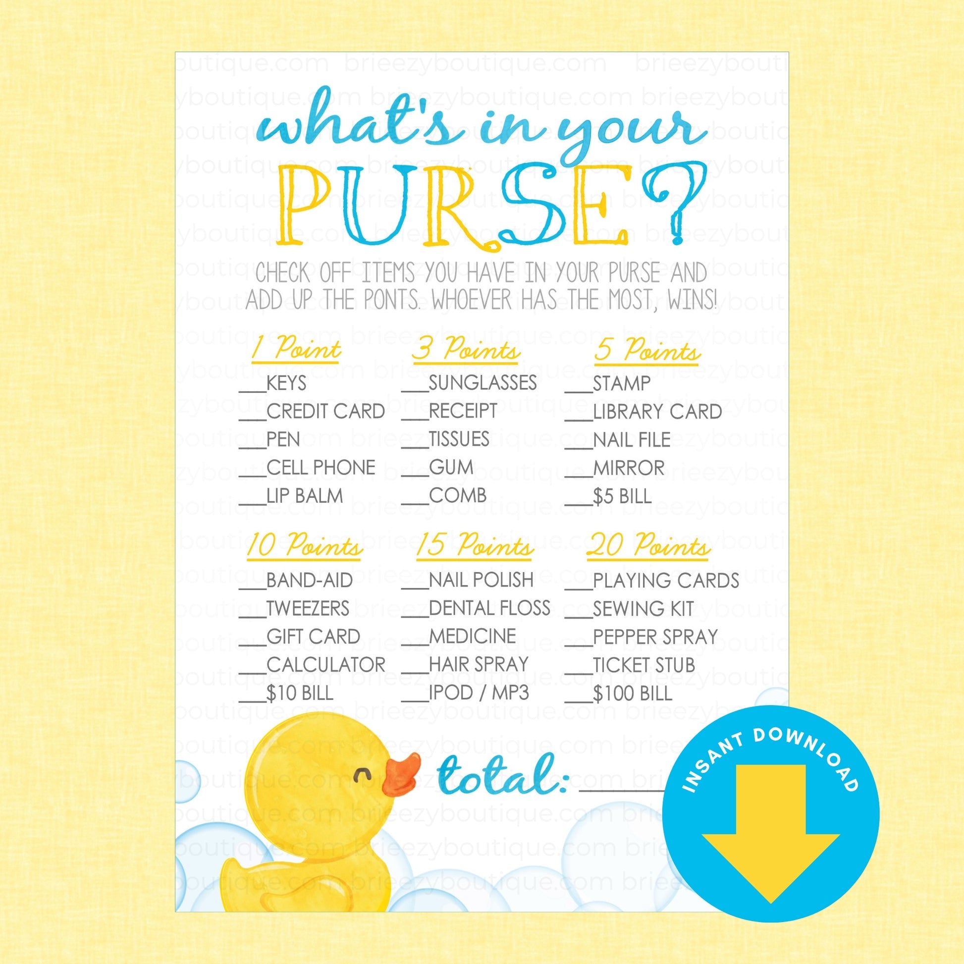 A printable party game sheet titled 'what's in your PURSE?' with listed cashless gift ideas and point values, plus a yellow rubber duck illustration and a blue 'INSTANT DOWNLOAD' badge on a pale yellow background.