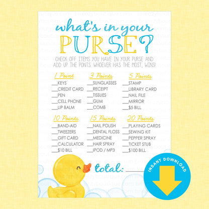 A printable party game sheet titled 'what's in your PURSE?' with listed cashless gift ideas and point values, plus a yellow rubber duck illustration and a blue 'INSTANT DOWNLOAD' badge on a pale yellow background.