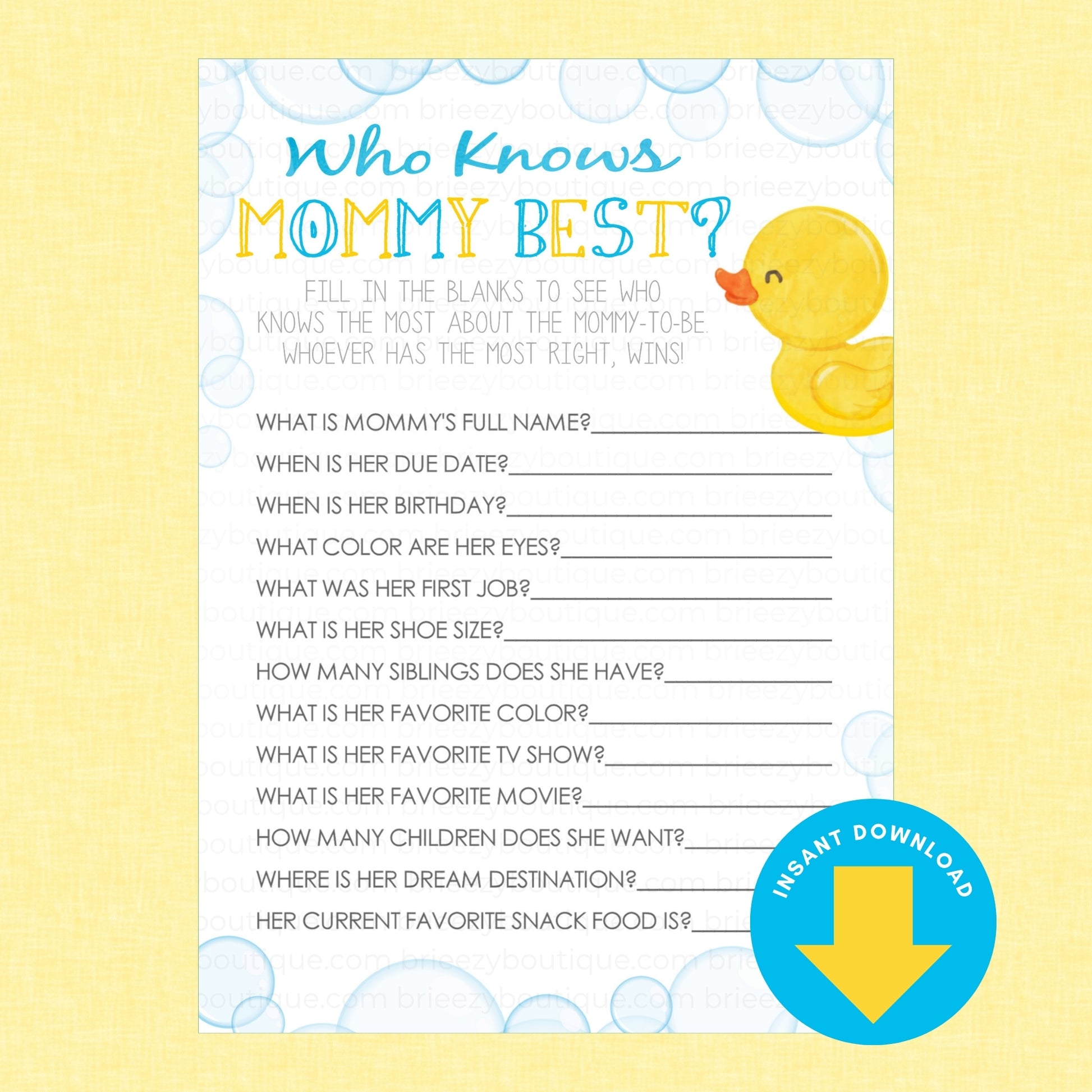 A baby shower game card titled 'Who Knows Mommy Best?' with a yellow rubber duck illustration and a blue 'Instant Download' badge, shown on a pale yellow background.