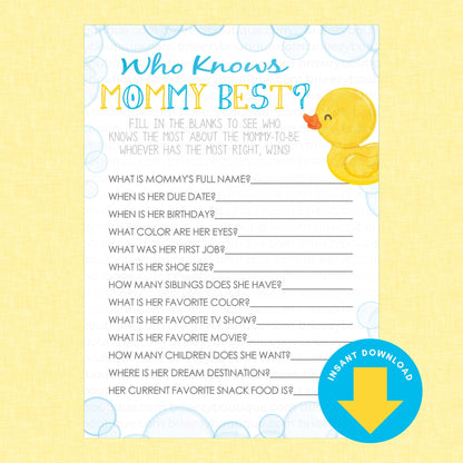 A baby shower game card titled 'Who Knows Mommy Best?' with a yellow rubber duck illustration and a blue 'Instant Download' badge, shown on a pale yellow background.