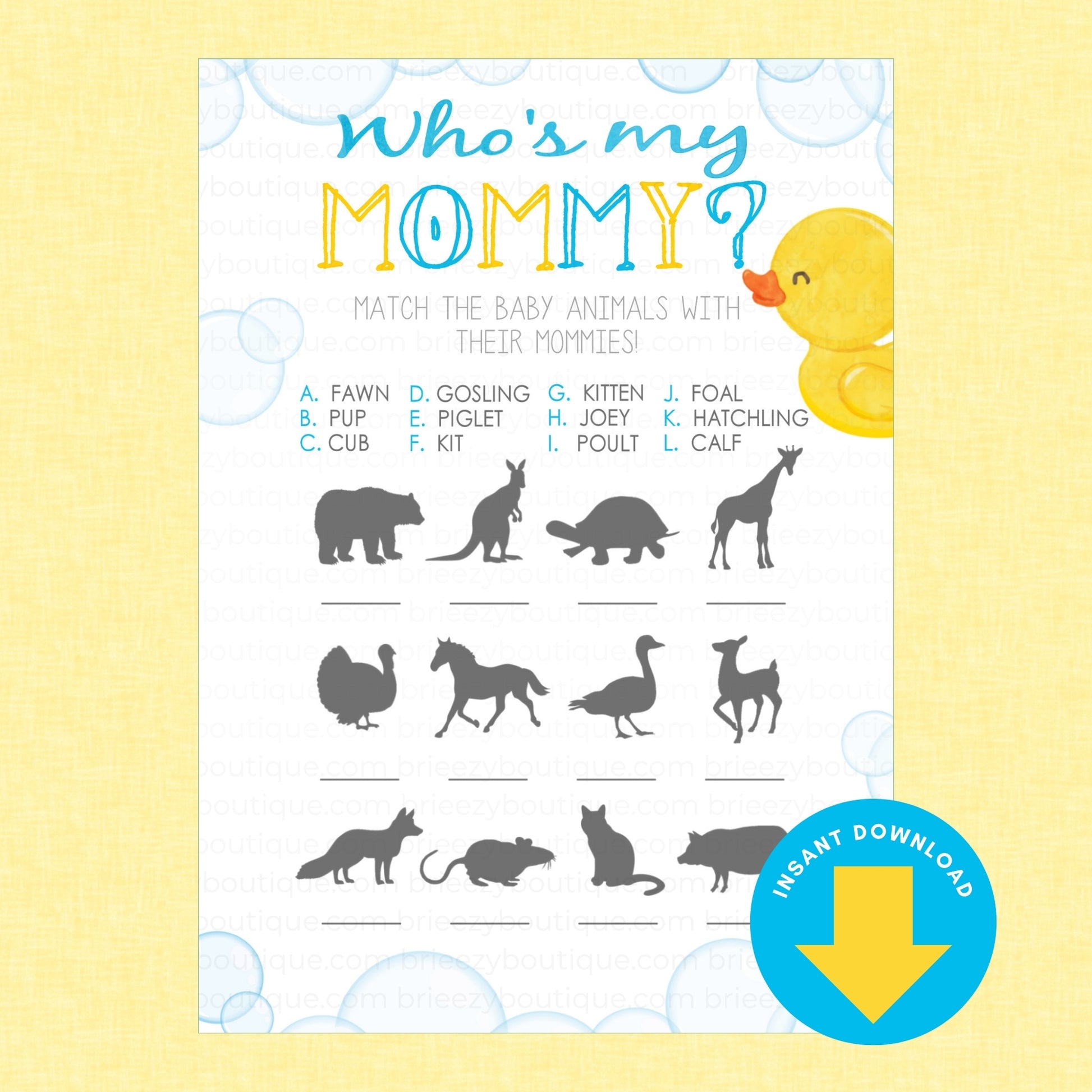 A baby shower game card titled 'Who's my MOMMY?' with animal silhouettes and matching options, shown on a pale yellow background with a blue 'INSTANT DOWNLOAD' badge.