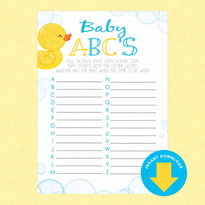 Baby ABC's shower game printable card featuring a yellow rubber duck illustration, blue and yellow lettering, and a blue 'Instant Download' badge on a pale yellow background.