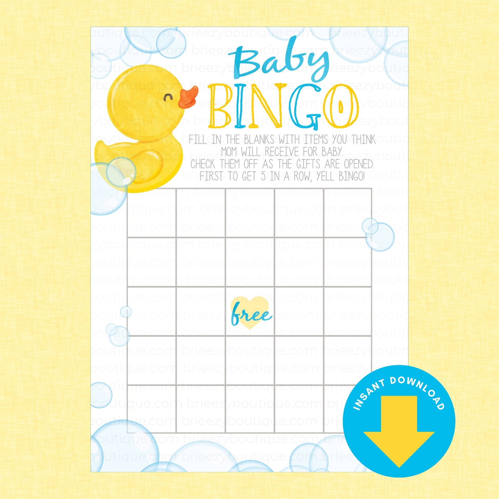 A baby shower bingo game card with a yellow rubber duck, blue and yellow text reading 'Baby BINGO,' and a grid on a white card, shown on a pale yellow background with a blue 'Instant Download' badge.