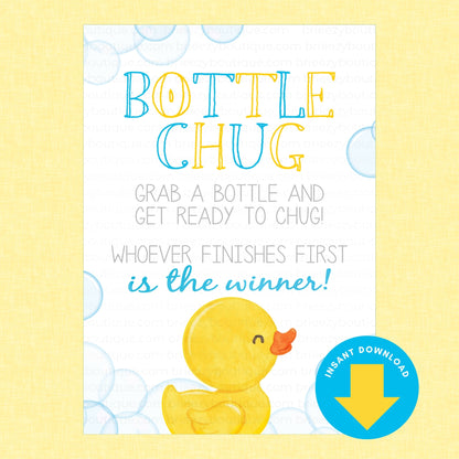 A digital printable party game sign titled 'Bottle Chug' with a yellow rubber duck illustration and a blue 'Instant Download' badge, set against a pale yellow textured background.