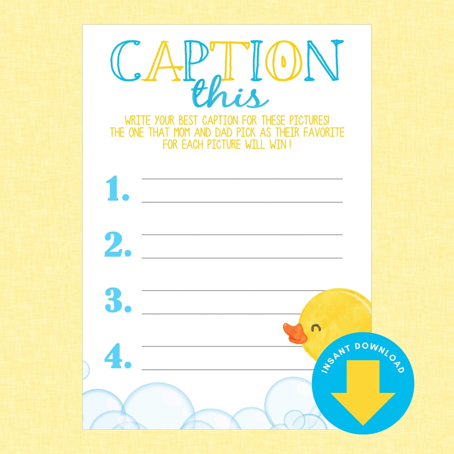 A baby shower game card titled 'CAPTION this' with four blank lines, blue and yellow text, a yellow duck illustration, and a blue 'INSTANT DOWNLOAD' badge, shown on a pale yellow textured background.