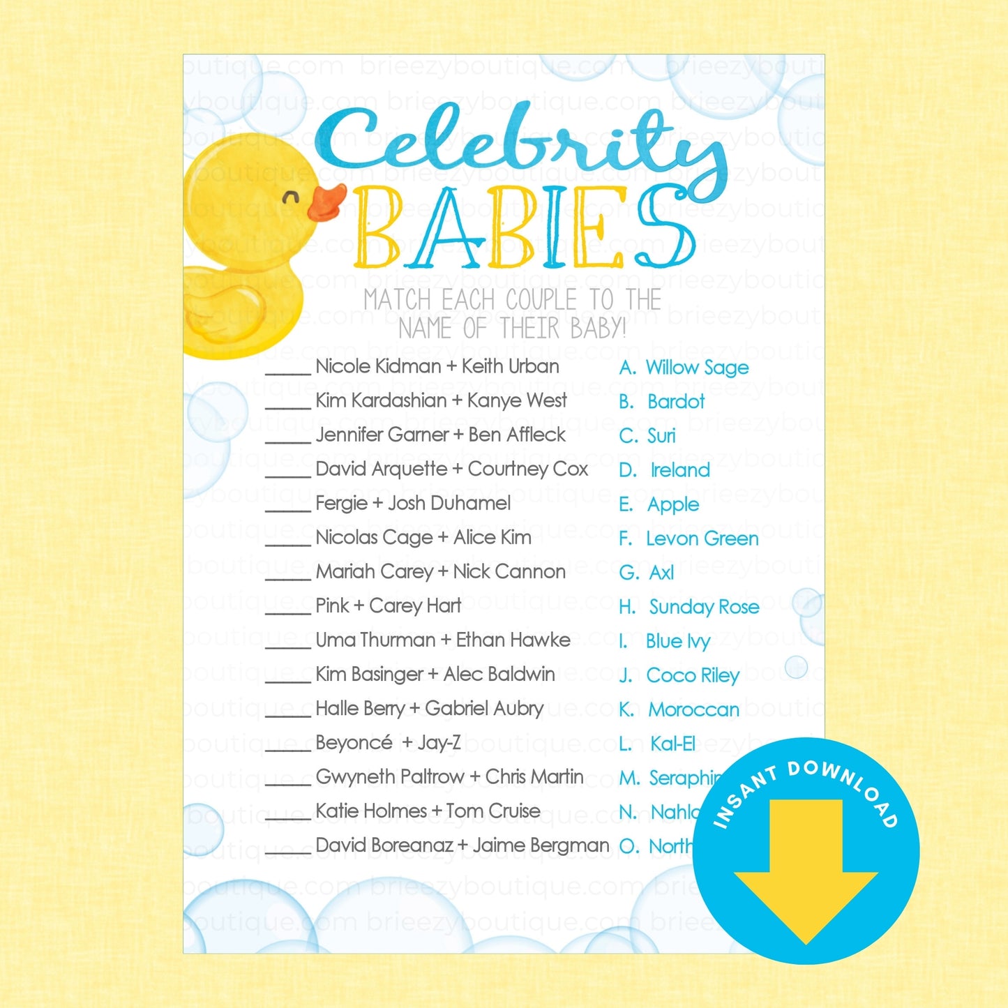 A printable baby shower game card titled 'Celebrity BABIES' with a yellow rubber duck illustration, blue bubble background, and a list of celebrity name pairs to match. A blue circular badge at the bottom says 'INSTANT DOWNLOAD'.