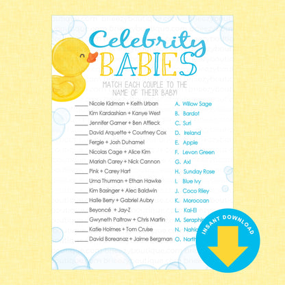 A printable baby shower game card titled 'Celebrity BABIES' with a yellow rubber duck illustration, blue bubble background, and a list of celebrity name pairs to match. A blue circular badge at the bottom says 'INSTANT DOWNLOAD'.