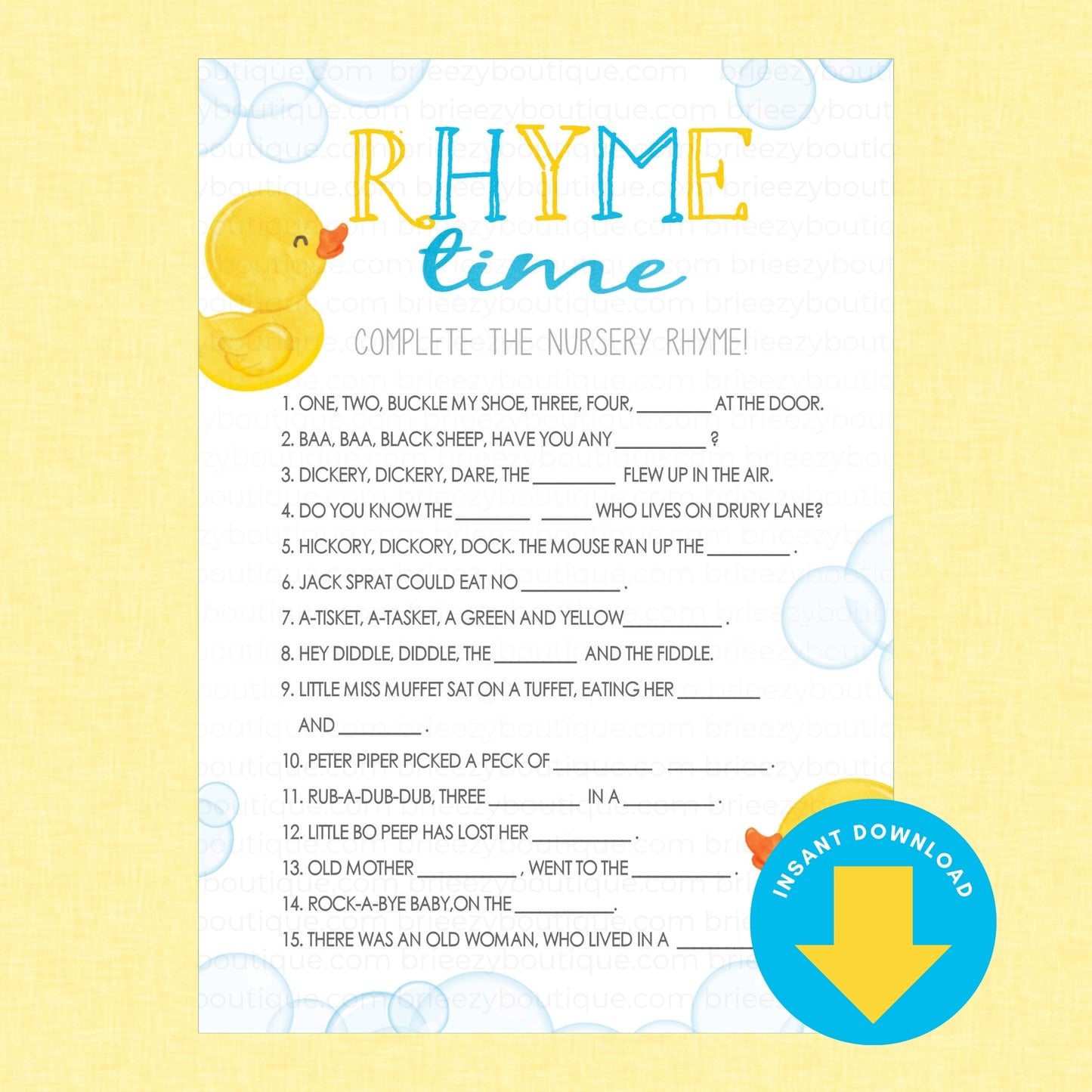 A printable nursery rhyme game sheet titled 'Rhyme time' with a yellow duck illustration, printed on a white card with pastel bubble background, shown on a pale yellow backdrop. A blue circular badge says 'Instant Download' with a yellow download icon.