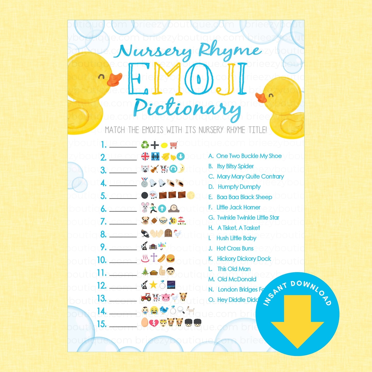 A printable nursery rhyme emoji dictionary game sheet with a yellow background, yellow rubber duck illustrations, and a blue circular 'Instant Download' badge. The sheet includes numbered emoji clues and a word bank under the title 'Nursery Rhyme Emoji Pictionary'.