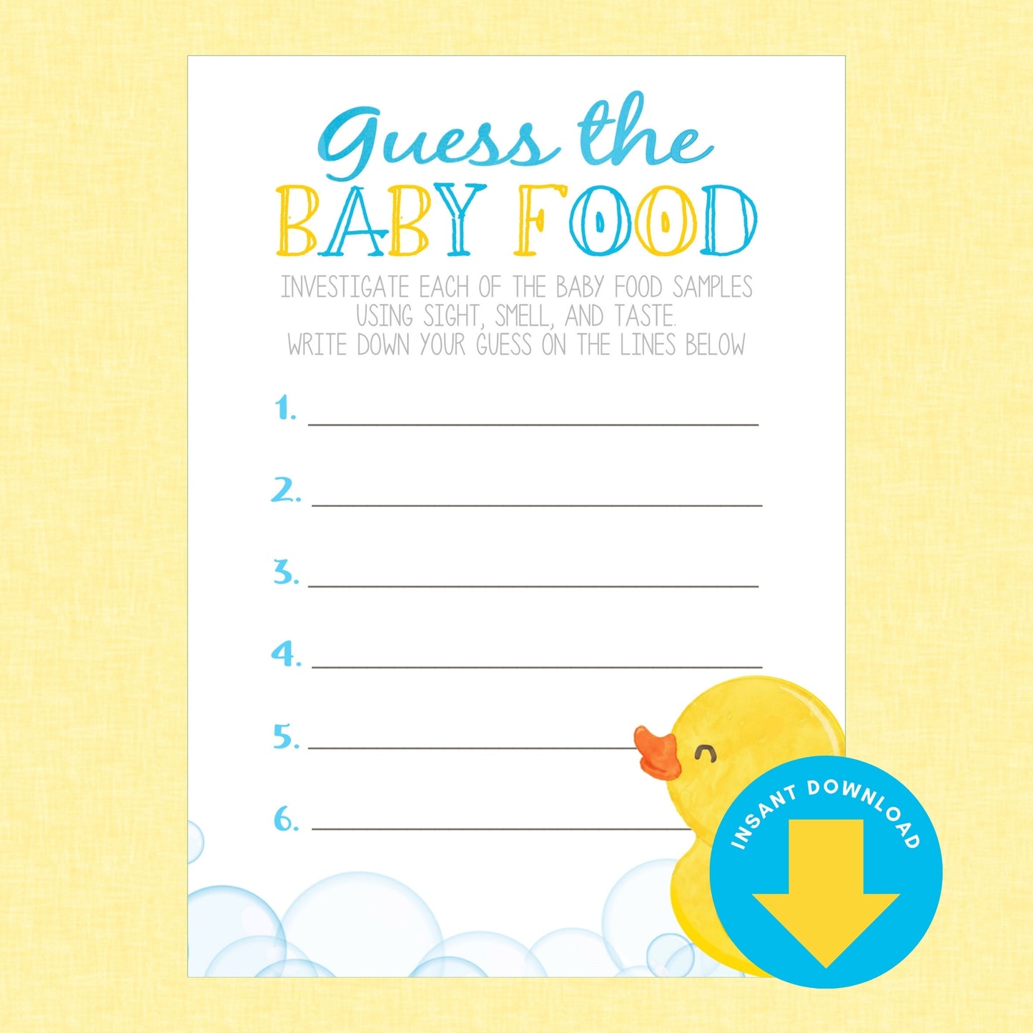A baby shower game card titled 'Guess the BABY FOOD' with numbered lines for writing guesses, a yellow duck illustration, and a blue 'Instant Download' badge on a pale yellow background.