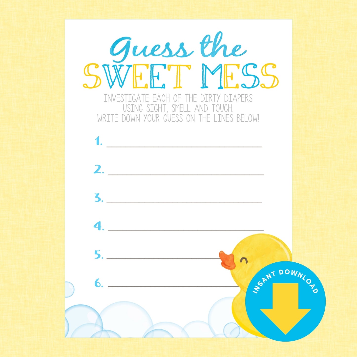 A baby shower game card titled 'Guess the SWEET MESS' on a pale yellow background. The white card has blue and yellow lettering, numbered lines for writing observations, a small yellow duck illustration, and a blue circular 'Instant Download' badge with a yellow download arrow.
